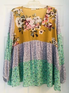 ODDY Boho Layered MULTI Floral Print Baby Doll Style Shirt L - 2XL - Picture 1 of 3