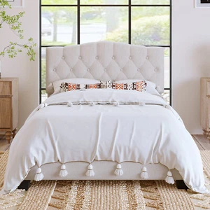 Upholstered Curved Tufted Linen Platform Bed Frame Full w/ Diamond Tufted 418AAA - Picture 1 of 9