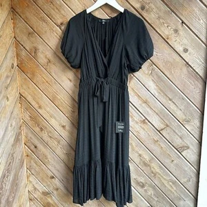 Lulus black midi ruffle puff sleeve v neck dress size medium new NWT - Picture 1 of 7