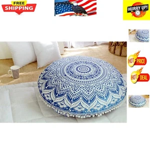 Chic Blue Mandala Cushion Cover - 32-Inch Round Floor Pillow for Relaxation - Picture 1 of 4