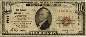Billete de banco nacional 1929 Cordell, Oklahoma tamaño pequeño fr #S-2087 - Imagen 1 de 2