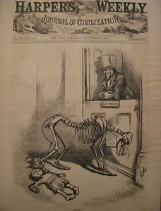 DEMOCRATIC WOLF US TREASURY RAG BABY POLITICAL EDITORIAL HARPER’S WEEKLY 1876 - Picture 1 of 2