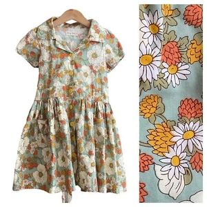 Lacey Lane Blue Yellow Retro Floral Print Button Down Dress - Picture 1 of 12
