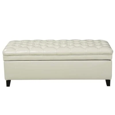 Noble House Storage Bench 50"x18.25"x20.5" Faux Leather Backless Tufted Ivory - Image 1 of 4