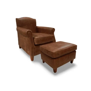 The 'Burlington' Club Armchair in Vintage Leather and Footstool - Picture 1 of 26