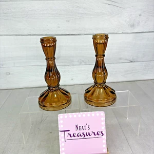 Vintage Robert Stanley Amber Glass Tapered Candles Sticks 6.5" Holders Set Of 2 - Bild 1 von 16