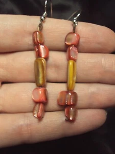 dainty coral + yellow abalone sea shell chip + silver tone drop dangle earrings - Picture 1 of 4