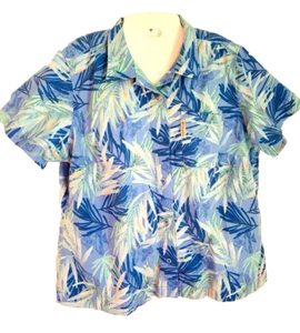 Columbia River Resort Woman 1X Island Print Button Down Blouse Short Sleeve Fish - Picture 1 of 13