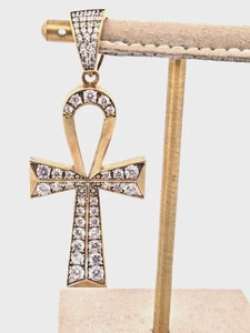 10K Gelbgold Ank Kreuz mit simulierten Steinen Anhänger - Bild 1 von 6