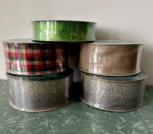 Lot Of 5 Christmas Holiday Wire Edge Ribbon Gold Green Plaid Glitter 2.5” & 1.5” - Picture 1 of 12