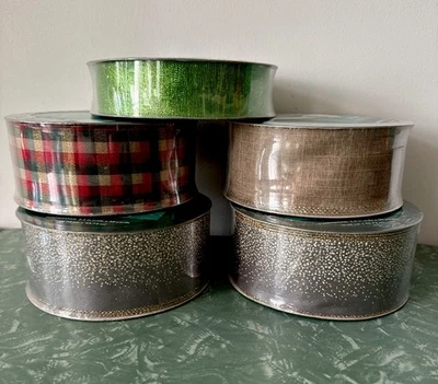 Lot Of 5 Christmas Holiday Wire Edge Ribbon Gold Green Plaid Glitter 2.5” & 1.5” - Image 1 of 4