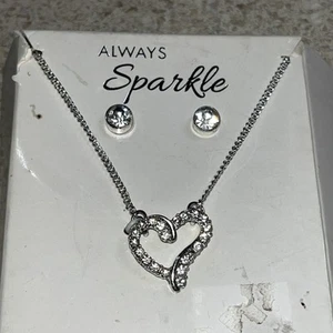 H326~ Always Sparkle Heart Shaped 18" Necklace and Post Earring Set Clear Stones - Picture 1 of 3