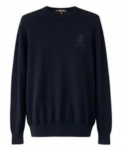 Roberto Cavalli Designer Logo Sweater Blue Midweight Wool Crewneck XXL  XL $495 - Picture 1 of 14