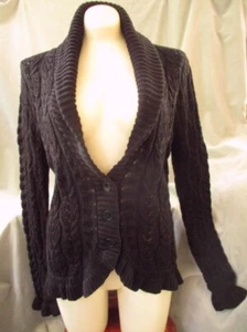Lauren Ralph Lauren Shawl Collar Cardigan Fancy Cable Knit Sz Medium w Ruffles - Picture 1 of 6