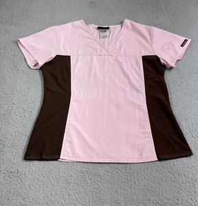 Cherokee Scrubs Top Women’s Medium Pink Brown Knit Panel Medical Dental Vet Tech - Picture 1 of 13