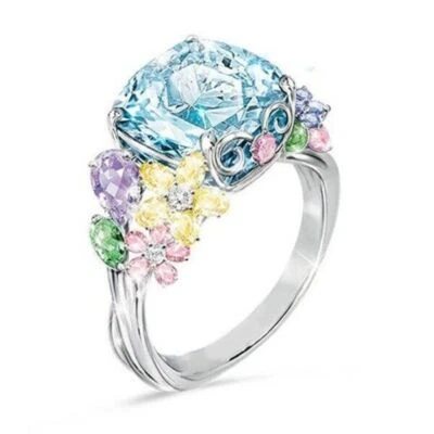 Women 925 Silver Aquamarine Cocktail Ring Flower Wedding Jewelry Gift Size 5-10 - Image 1 of 4