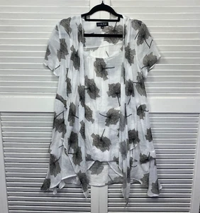 Caroline Morgan Tunic Top Womens 8 White Grey Floral Short Sleeve Layered - Picture 1 of 8
