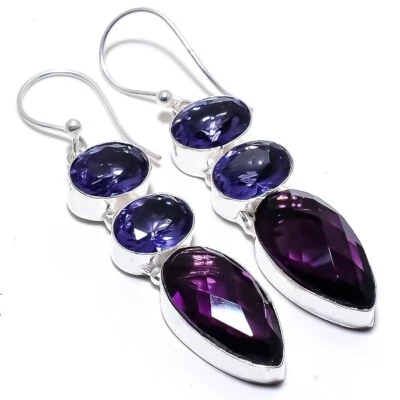 African Amethyst Gemstone Handmade 925 Sterling Silver Jewelry Earrings 2.10" - Image 1 of 4