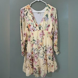 Vestido BELLAMBRA Mezcla Seda Dobladillo Niveles Mini 35" Largo Amarillo Pálido Floral Talla S - Imagen 1 de 7