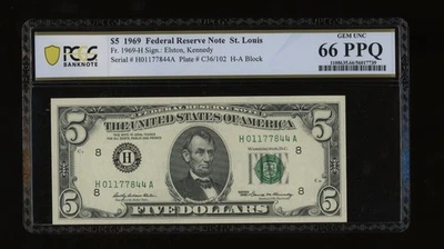 DBR 1969 $5 FRN St. Louis Gem Fr. 1969-H PCGS-B 66 PPQ Serial H01177844A - Image 1 of 2