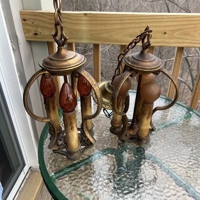 1930’s Lightolier After Sunset 3 light Art Deco Hanging Pendants Pair Chandelier - Image 1 of 4