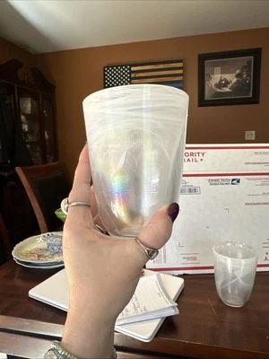 Hand Blown Recycled Art Glass Tumblers 2 Optic Swirl White 4” EUC Cups Glasses - Image 1 of 4