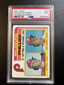 1982 TOPPS PITCHING LEADERS #636 PHILLIES BATTING & PSA 9 - Picture 1 of 2