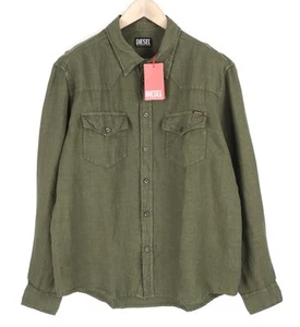 DIESEL S-East-Long-Lin L Men Shirt Olive Green Linen Buttoned Spread Collar Logo - Picture 1 of 10