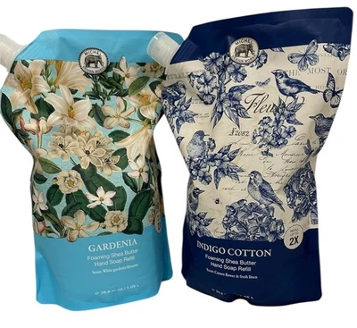 2X Repuesto de jabón de manteca de karité espumoso MICHEL Design Works ALGODÓN GARDENIA E ÍNDIGO Foto 1 de 2