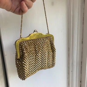 Antique Signed Whiting and Davis Gold Heavy Mesh Bag Original 1920s Pearl name k - Picture 1 of 14