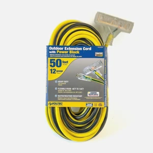 50' 12 Gauge Yellow and Black Striped Extension Cord w Lighted Triple Outlet - Picture 1 of 1