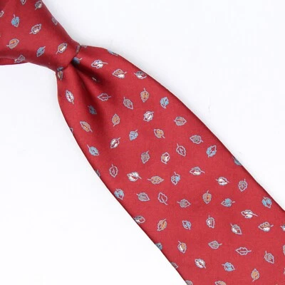 Gravata de seda masculina Valentino Cravatte vermelha escura azul branca estampa de folha gravata #834 vintage - Imagem 1 de 4
