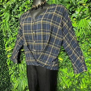 Blue B Tops Women Medium Blue Plaid High Low Hem Pleated Blouse V Neckline 1186 - Picture 1 of 10