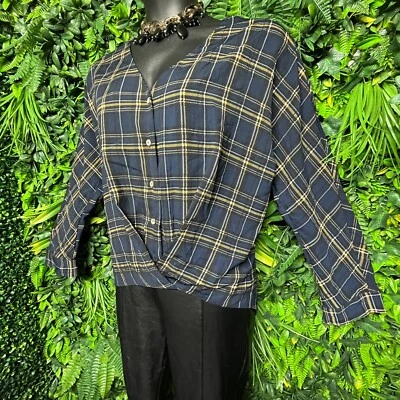 Blue B Tops Women Medium Blue Plaid High Low Hem Pleated Blouse V Neckline  1186 - Image 1 of 4
