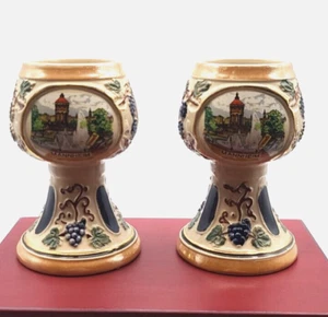 German Mannheim Goblet Wine Glass Handmade Souvenir Ceramic Stoneware Pair - Picture 1 of 5