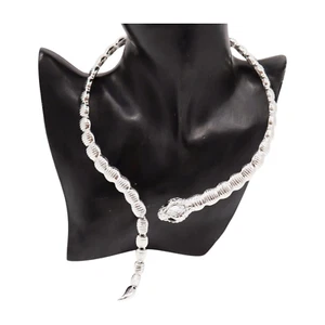 Women Silver Metal Wrap Around Cobra Snake Short Glam Necklace + Earring Jewelry - Picture 1 of 23