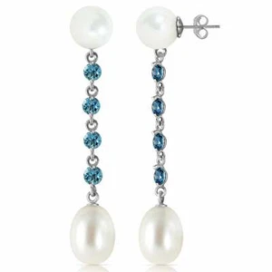 11 Carat 14K Solid White Gold Chandelier Blue Topaz & Pearl Gemstone Earrings - Picture 1 of 3