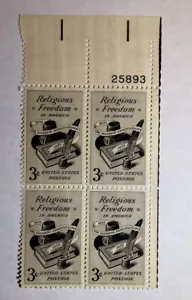 US 3 Cent Religious Freedom In America Block Of 4 1957 Scott #1099 MNH - Picture 1 of 1