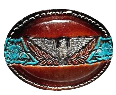EAGLE Leather BELT BUCKLE Handmade Sm BROWN Western/Biker w/ Hand-painted Colors - Image 1 of 4