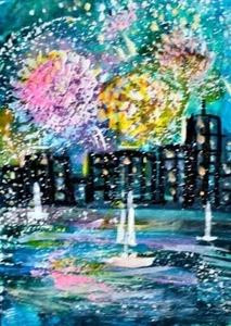 ACEO Original Painting FIREWORKS Summer CITY Buildings Ocean Boats Lights ART - Picture 1 of 1