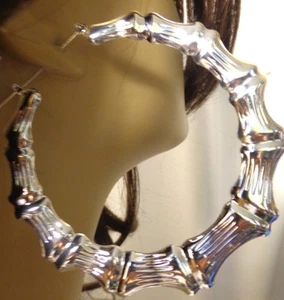 HUGE 3.5 inch hoop Silver Bamboo earrings- Old School! DOORKNOCKERS - Picture 1 of 6