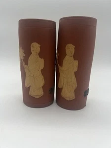 Pair 2 Antique Japanese Tokoname Terra-cotta Wisteria dog woman brush pot - Picture 1 of 7