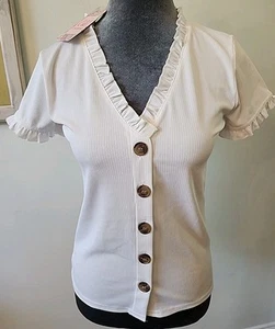 Top tejido blanco roto para mujer nuevo con etiquetas pequeño abotonado cuello en V Chelsea y violeta - Imagen 1 de 8