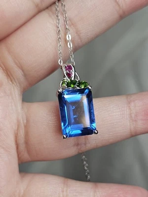 Blue Spinel Emerald Cut Necklace Ruby Diopside Accent Sterling Silver 925 18 In - Image 1 of 4