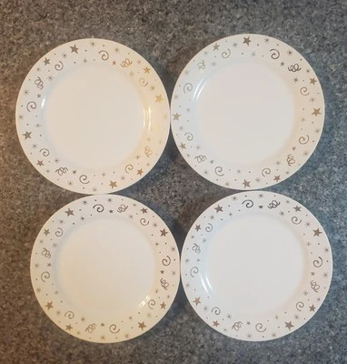 Set of 4 NEW Pampered Chef CELEBRATIONS DESSERT PLATES 8" gold stars & confetti - Image 1 of 4