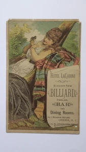 1880s Oneida New York Hotel LaCabine Billiard Parlor Bar Dining Rm Ad Trade Card - Picture 1 of 2