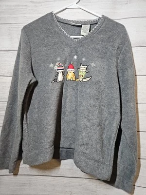 Suéter de lã vintage branco veado Natal gato - Feminino GRANDE 12/14-cinza-década de 1990 - Imagem 1 de 4