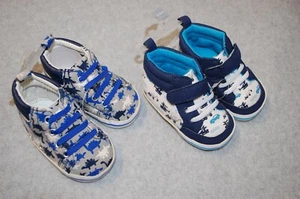 Baby Boys 2 PAIR LOT CRIB SHOES High Top GRAY DINOSAURS Blue Cars Vehicle 3-6 MO - Picture 1 of 1
