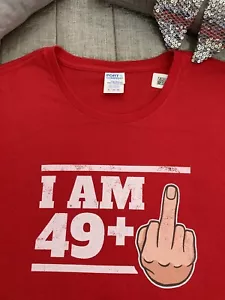 Port & Co. Women’s I AM 49+ T Shirt Red 50th 50’s Birthday Middle Finger Tee Top - Picture 1 of 9