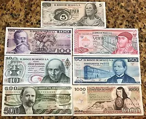 UNCIRCULATED MEXICO SET 7 BANKNOTES LOT 70'S 80'S 5 10 20 50 100 500 1000 pesos  - Picture 1 of 2